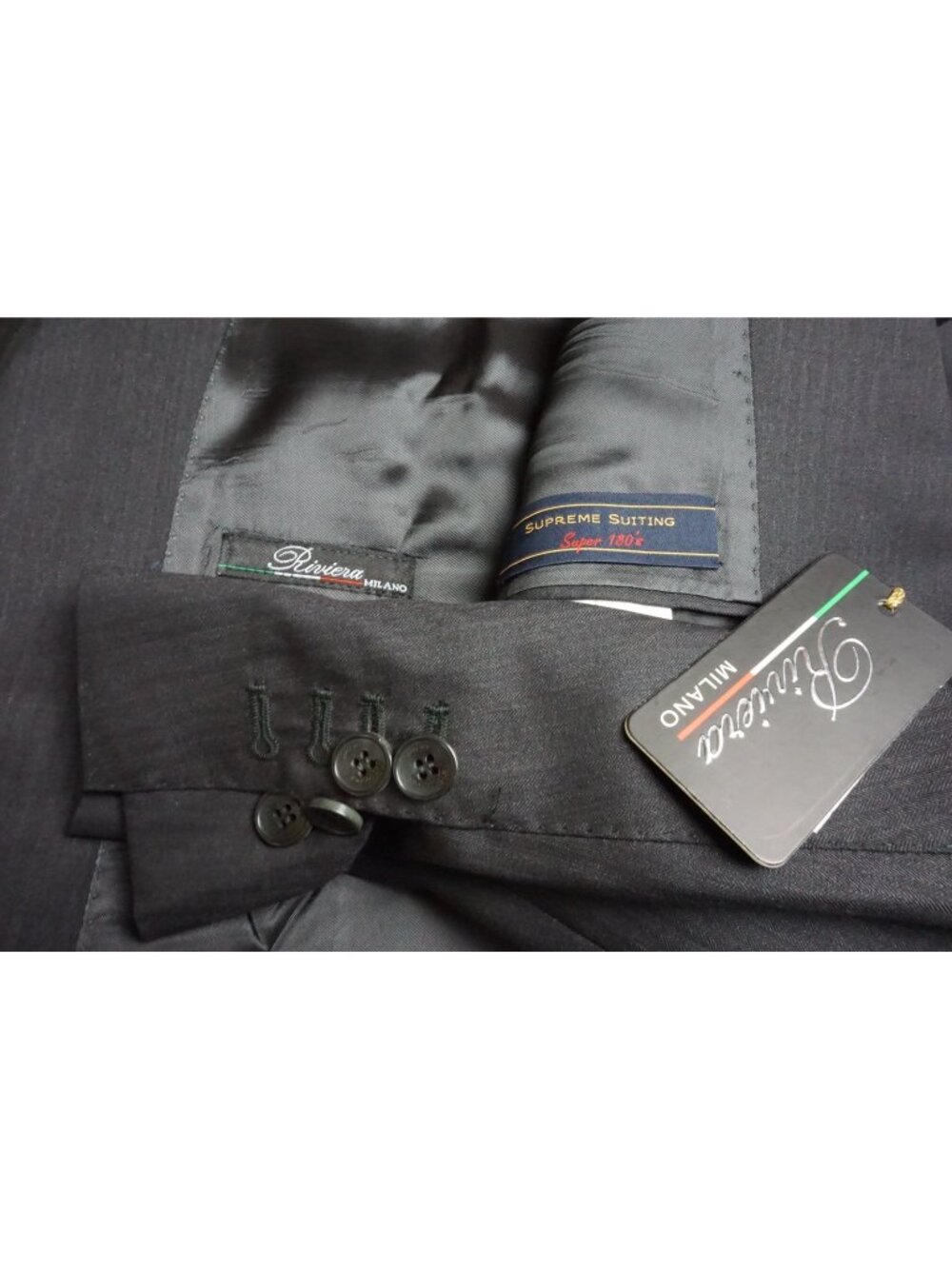 Riviera Milano Gray Herringbone S180s Wool 2 Pc Suit Jacket Pant 48R Brand New